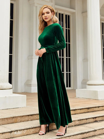 Tie Front Round Neck Long Sleeve Maxi Dress Dark Green Fitggins