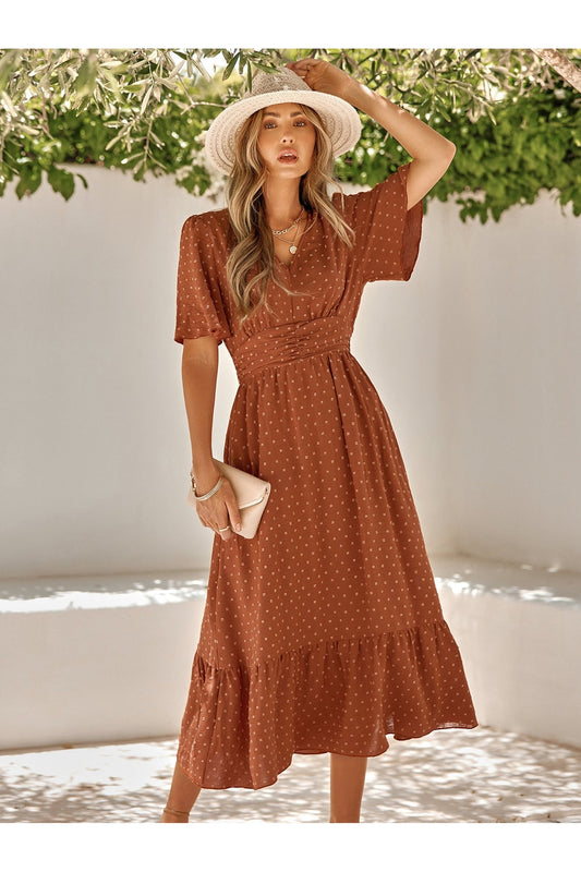 Swiss Dot V-Neck Ruffle Hem Dress - Casual & Maxi Dresses - FITGGINS