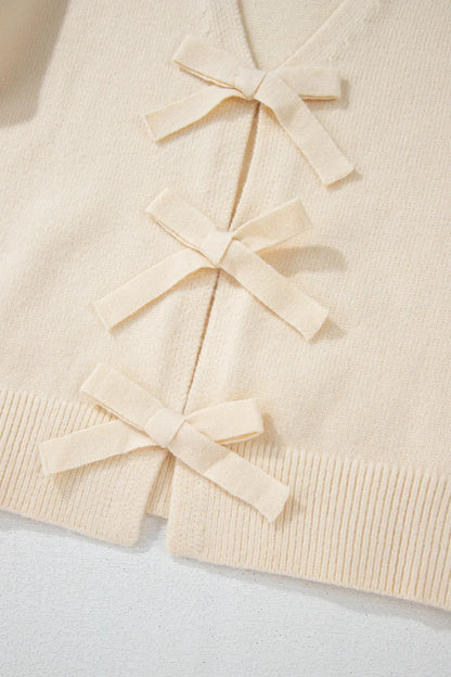 Bowknot Front V Neck Long Sleeve Sweater Fitggins