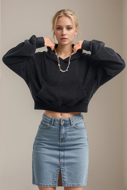 Basic Bae Kangaroo Pocket Long Sleeve Cropped Hoodie - Sweatshirts & Hoodies - FITGGINS