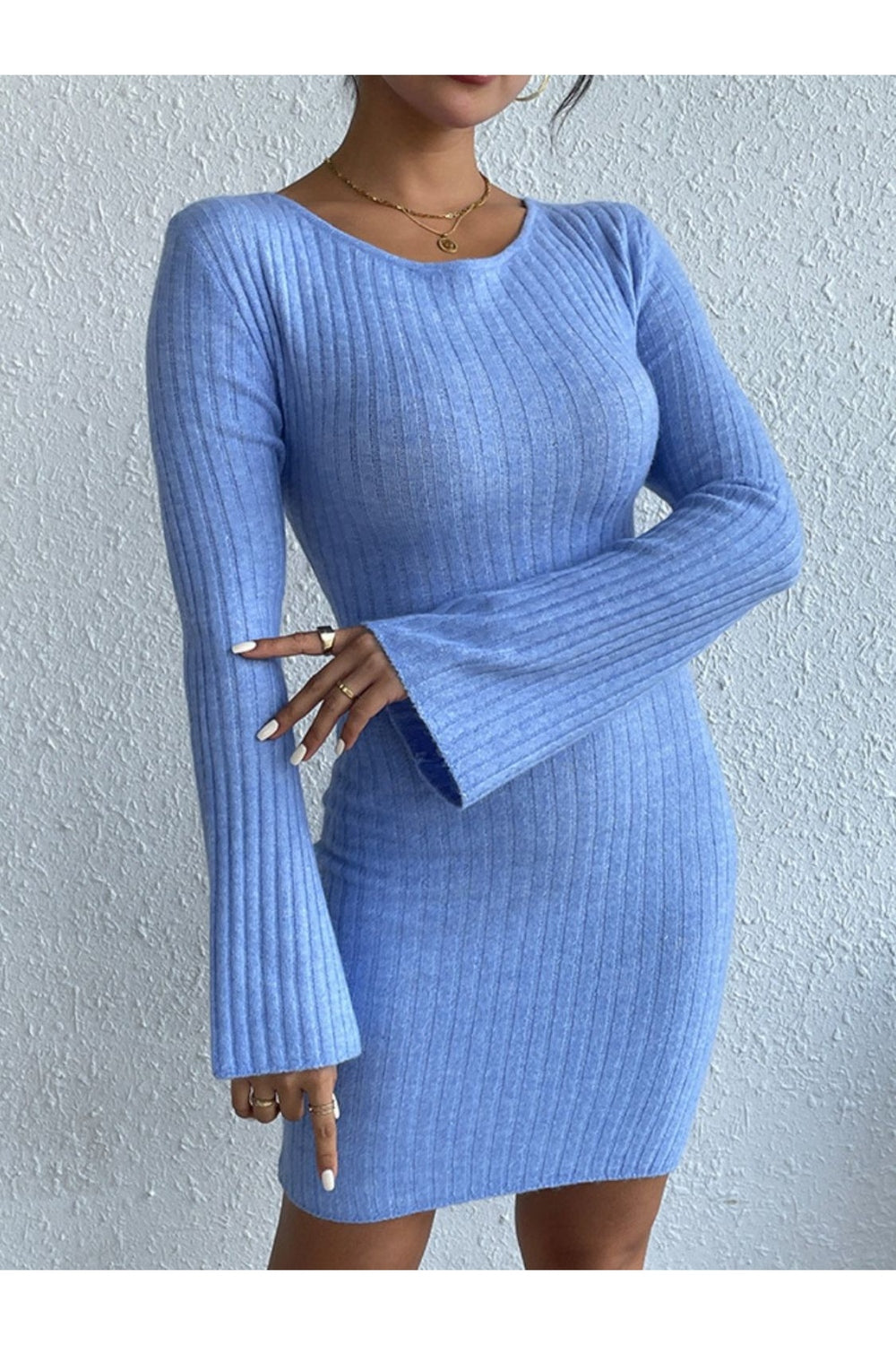 Backless Round Neck Long Sleeve Sweater Dress - Sweater Dresses - FITGGINS