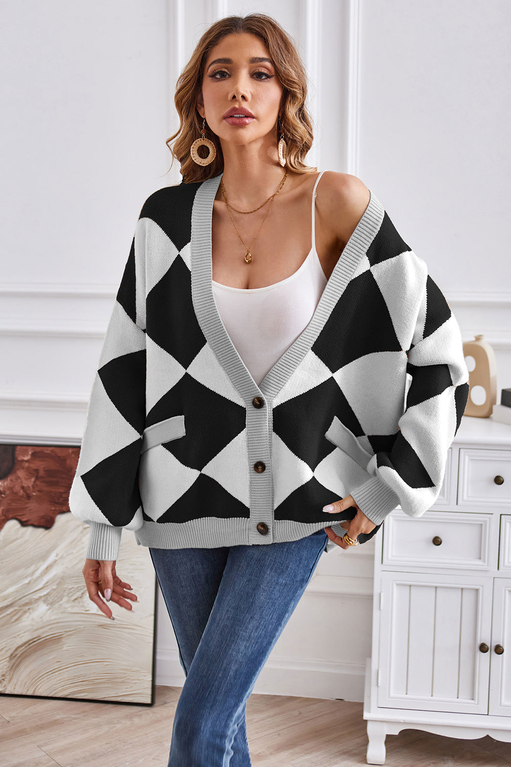 Geometric Lantern Sleeve Cardigan with Pockets Fitggins