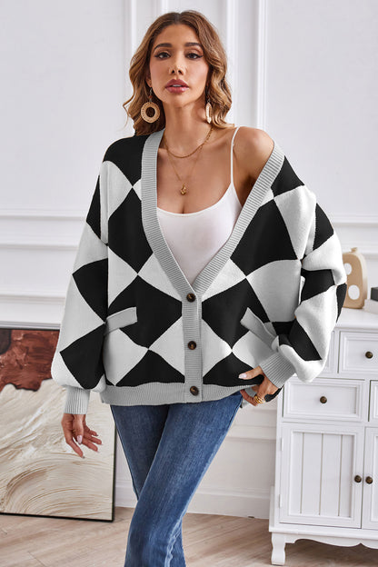 Geometric Lantern Sleeve Cardigan with Pockets Fitggins
