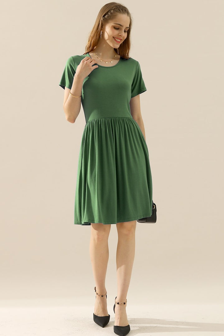 Ninexis Full Size Round Neck Ruched Dress with Pockets - Cocktail Dresses - FITGGINS