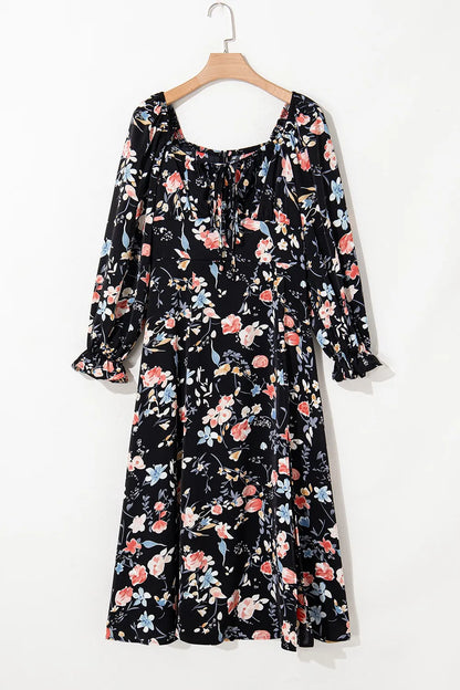 Floral Print Flounce Sleeve Midi Dress Fitggins