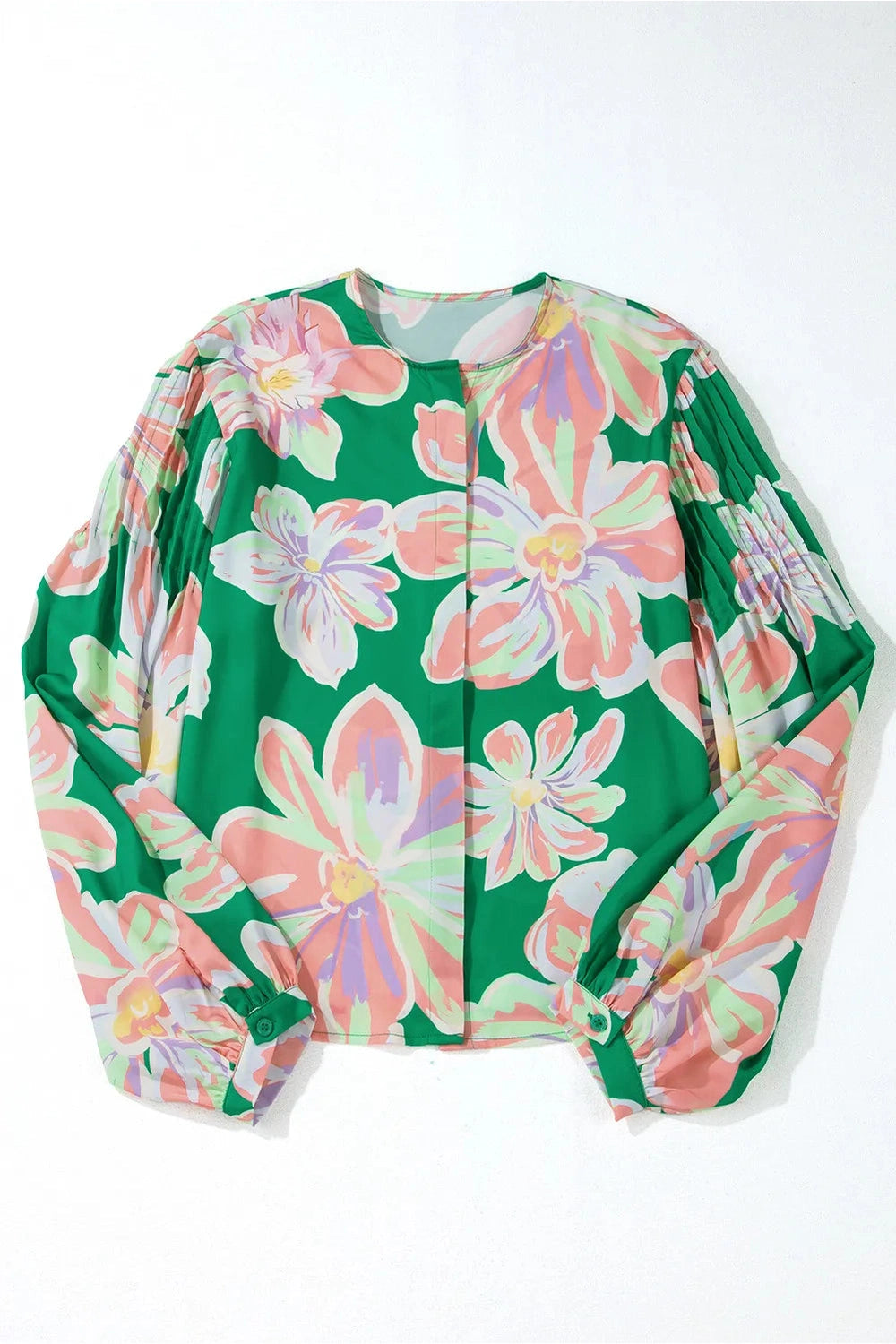 Floral Pleated Puff Sleeve Shirt - Shirts - FITGGINS