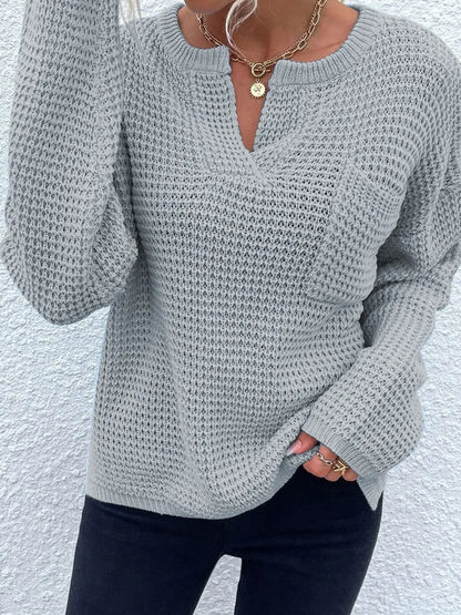 Notched Long Sleeve Sweater Fitggins