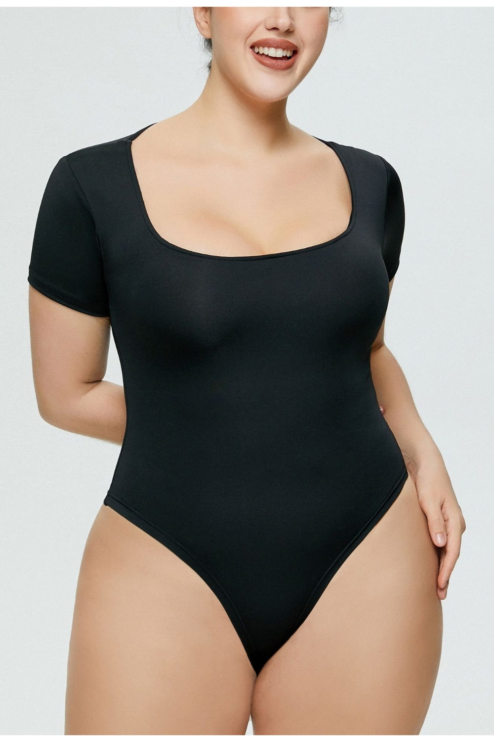 Full Size Square Neck Short Sleeve Bodysuit - Bodysuits - FITGGINS