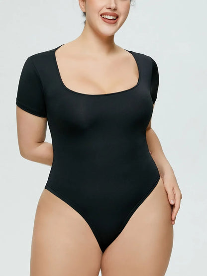 Full Size Square Neck Short Sleeve Bodysuit Black Fitggins