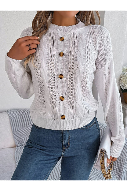 Cable-Knit Buttoned Round Neck Sweater - Pullover Sweaters - FITGGINS