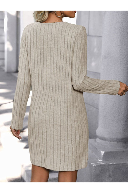 V-Neck Long Sleeve Knit Dress - Sweater Dresses - FITGGINS