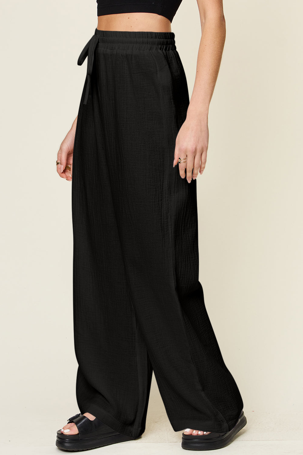 Double Take Full Size Texture Drawstring Wide Leg Pants - Pants - FITGGINS