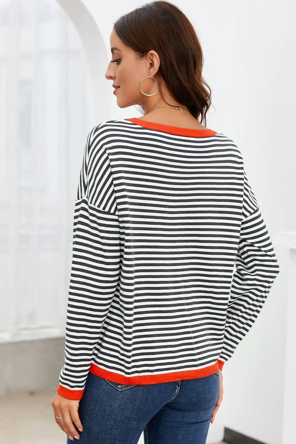 Striped Round Neck Drop Shoulder T-Shirt Fitggins