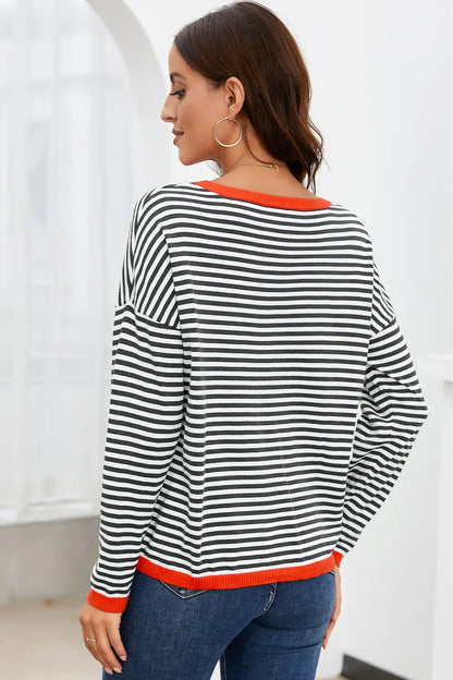 Striped Round Neck Drop Shoulder T-Shirt Fitggins