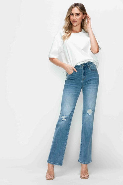 bytos Full Size Distressed High Rise Straight Jeans - Jeans - FITGGINS