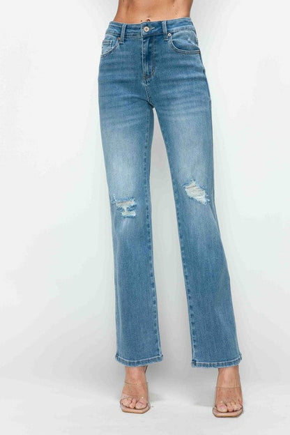 bytos Full Size Distressed High Rise Straight Jeans - Jeans - FITGGINS