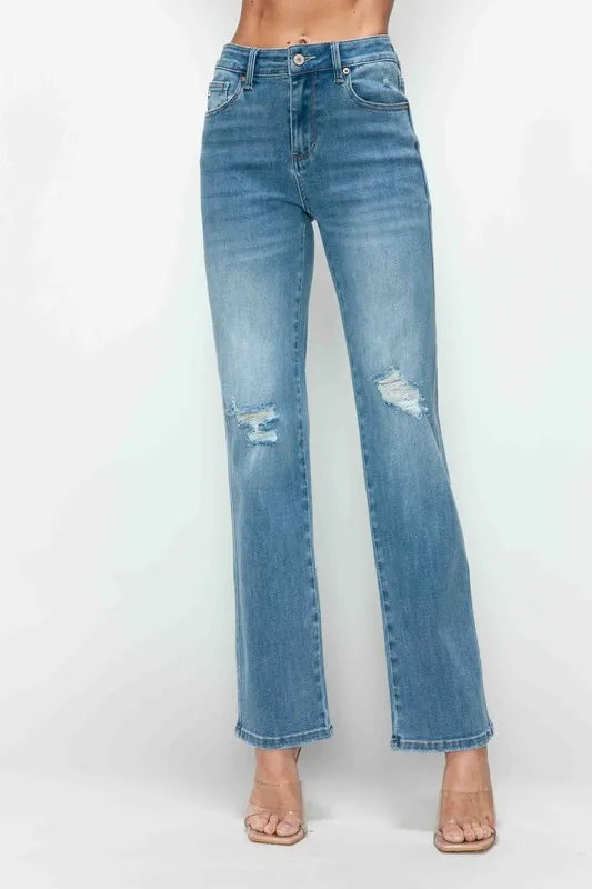 bytos Full Size Distressed High Rise Straight Jeans Fitggins