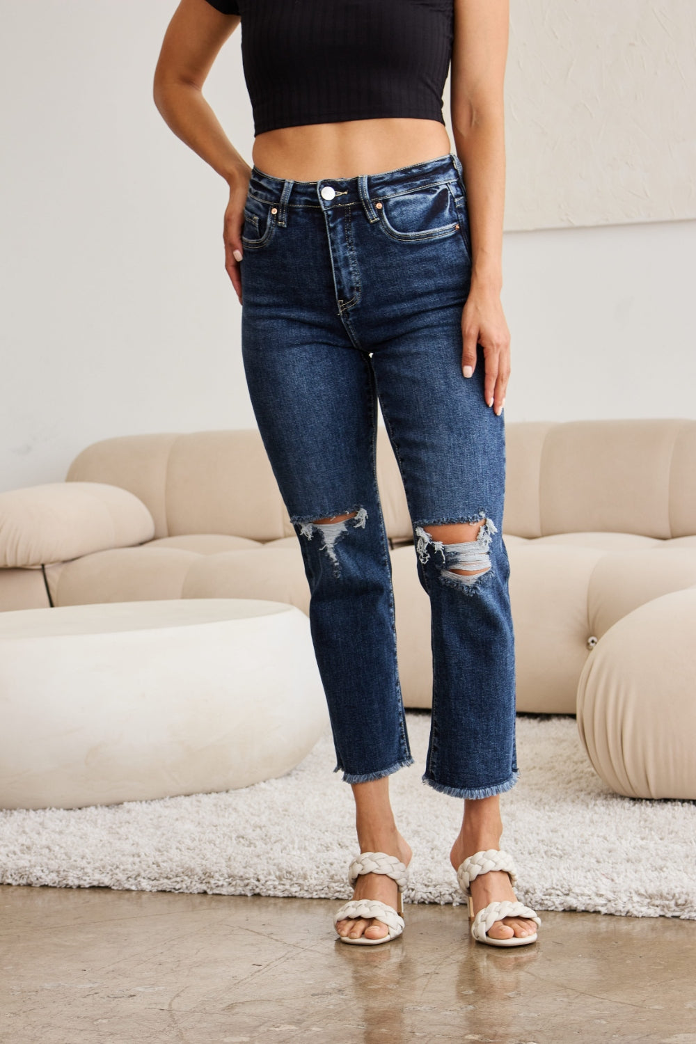 RFM Crop Dylan Full Size Tummy Control Distressed High Waist Raw Hem Jeans - Jeans - FITGGINS