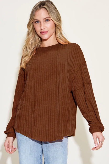 Basic Bae Full Size Ribbed Round Neck Long Sleeve T-Shirt Dark Brown Fitggins