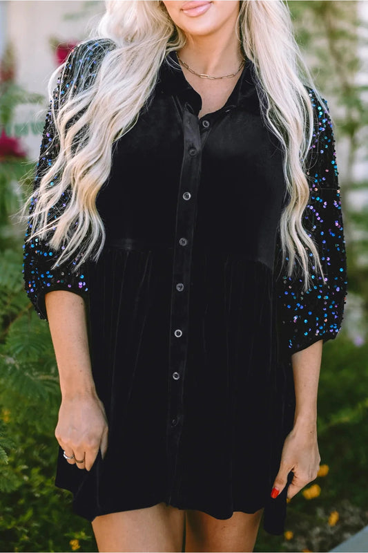 Sequin Collared Oversized Shirt with Three-Quarter Sleeves Black Fitggins
