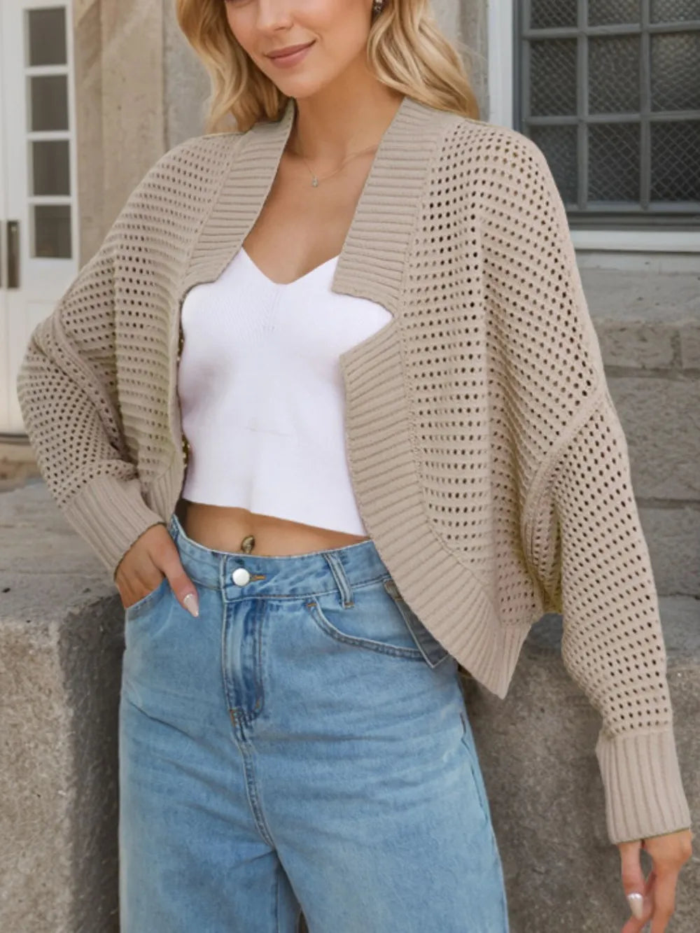 Openwork Open Front Long Sleeve Cardigan Fitggins