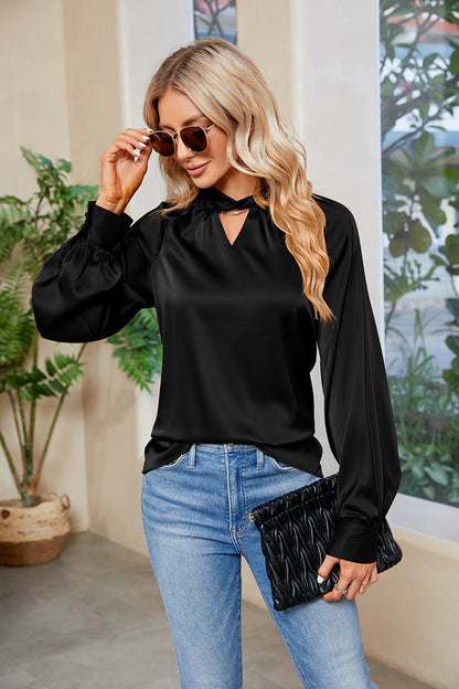 Cutout Mock Neck Long Sleeve Top - Blouses - FITGGINS