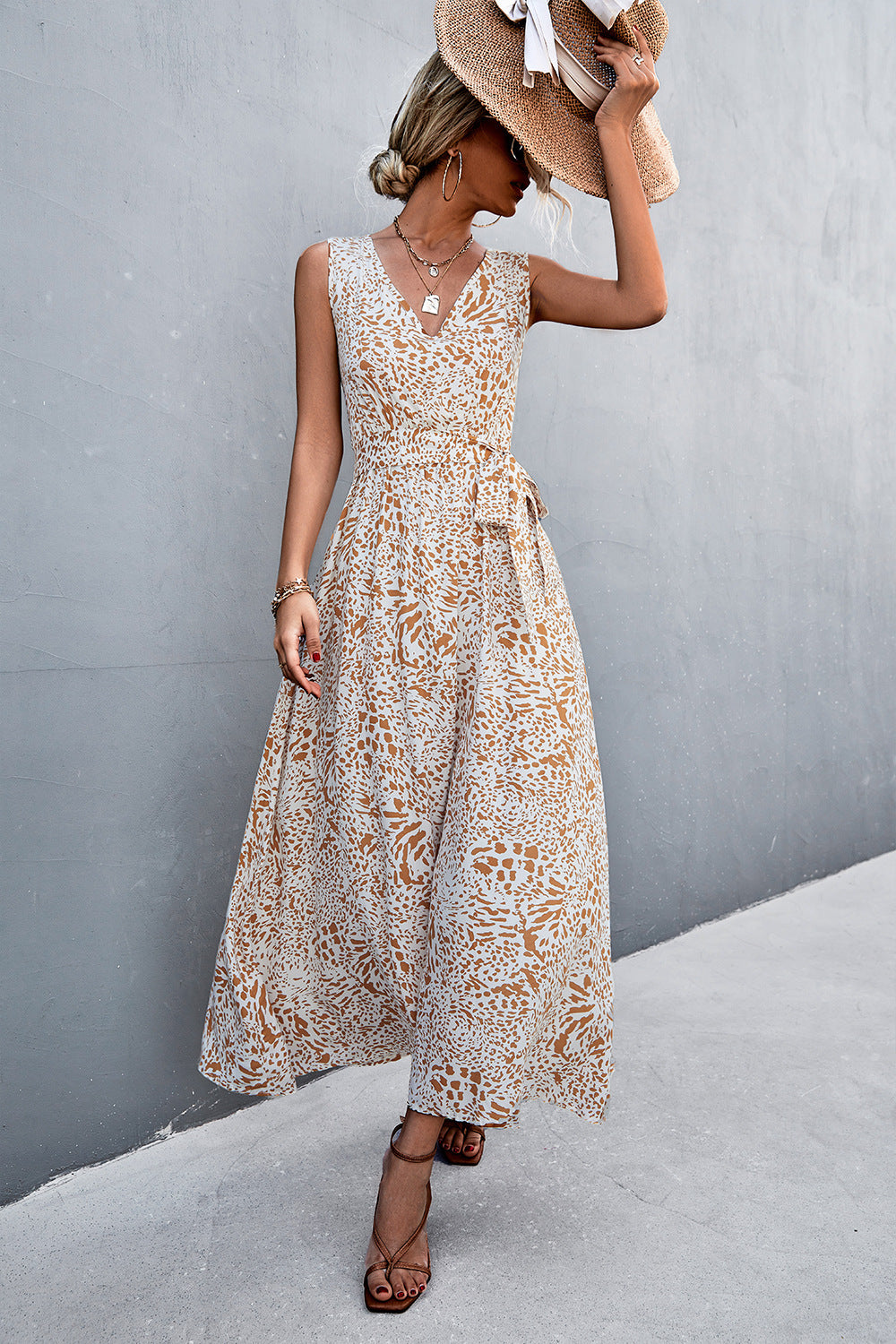 Printed V-Neck Tie Waist Maxi Dress - Casual & Maxi Dresses - FITGGINS