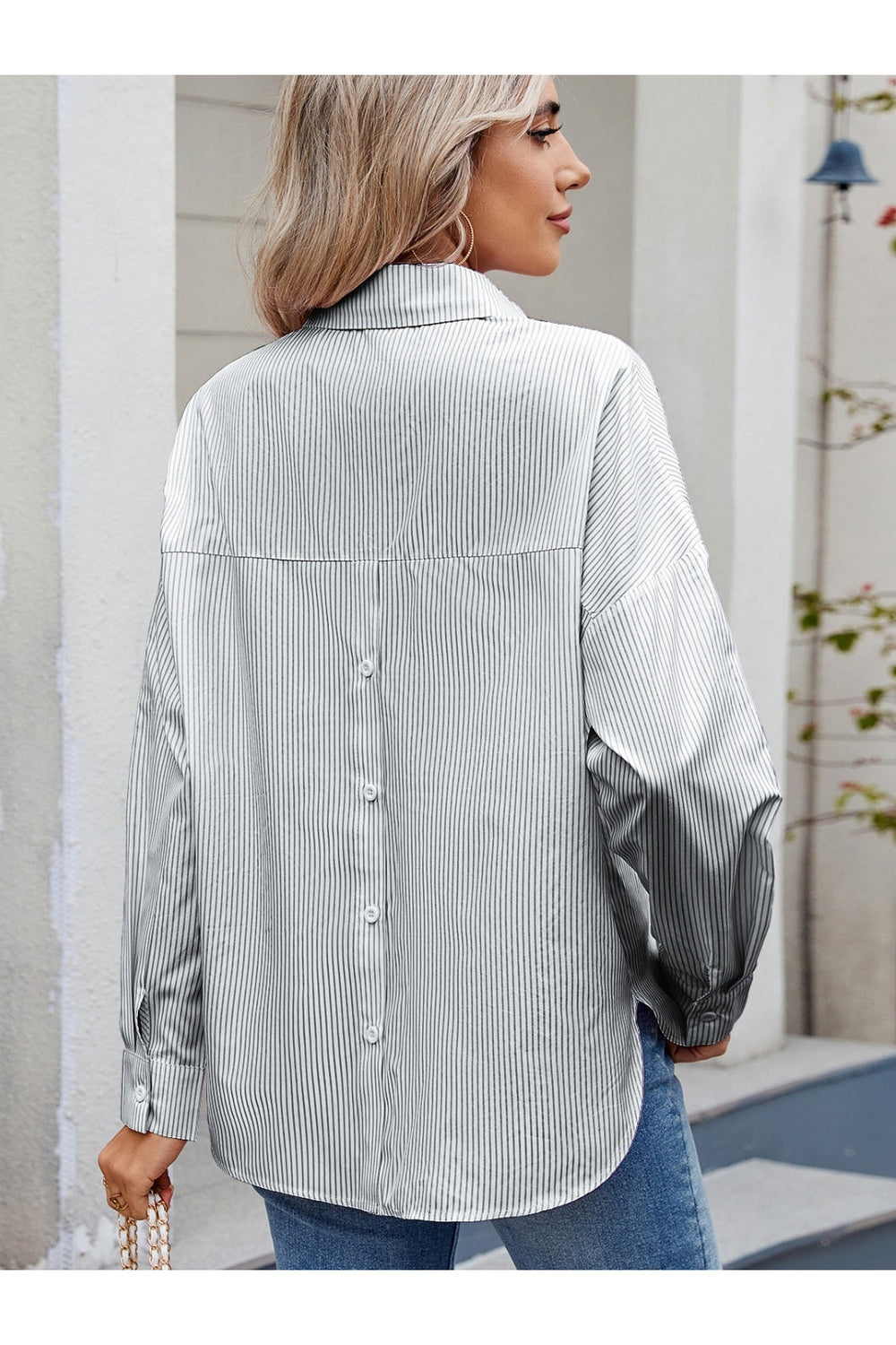 Striped Collared Neck Long Sleeve Shirt Fitggins