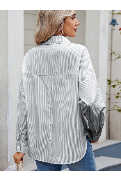 Striped Collared Neck Long Sleeve Shirt Fitggins