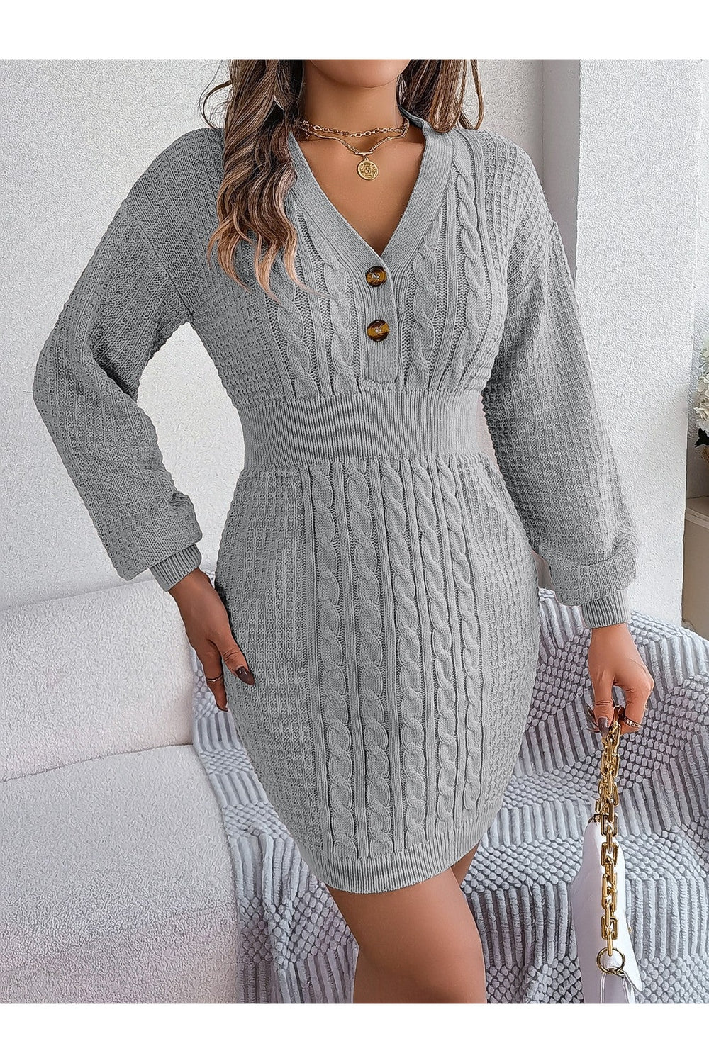 Buttoned Cable-Knit V-Neck Sweater Dress - Sweater Dresses - FITGGINS