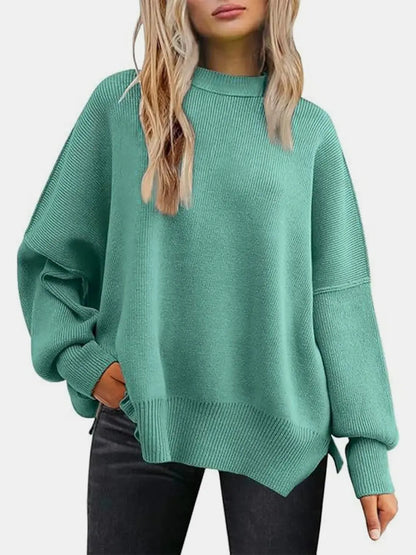 Round Neck Drop Shoulder Slit Sweater Turquoise Fitggins