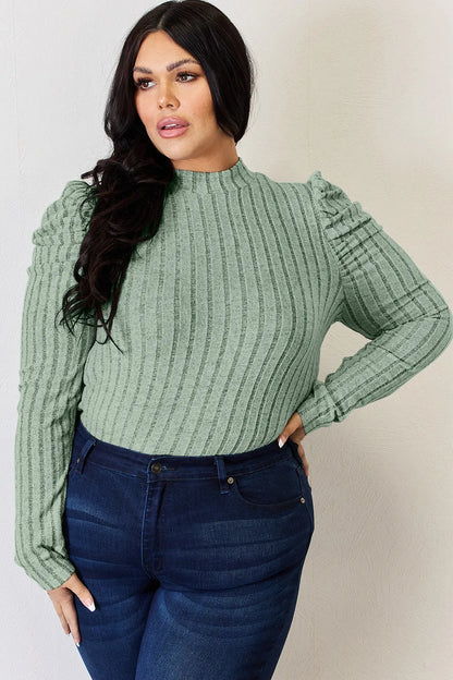 Basic Bae Full Size Ribbed Mock Neck Puff Sleeve T-Shirt Fitggins