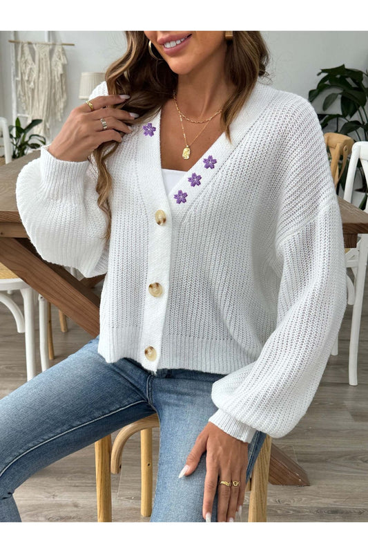 V-Neck Button Up Long Sleeve Cardigan - Cardigans - FITGGINS