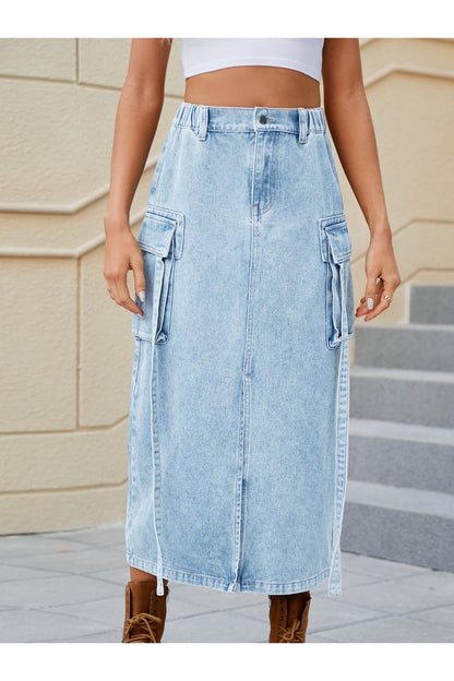 Slit Pocketed High Waist Denim Skirt - Shirts - FITGGINS