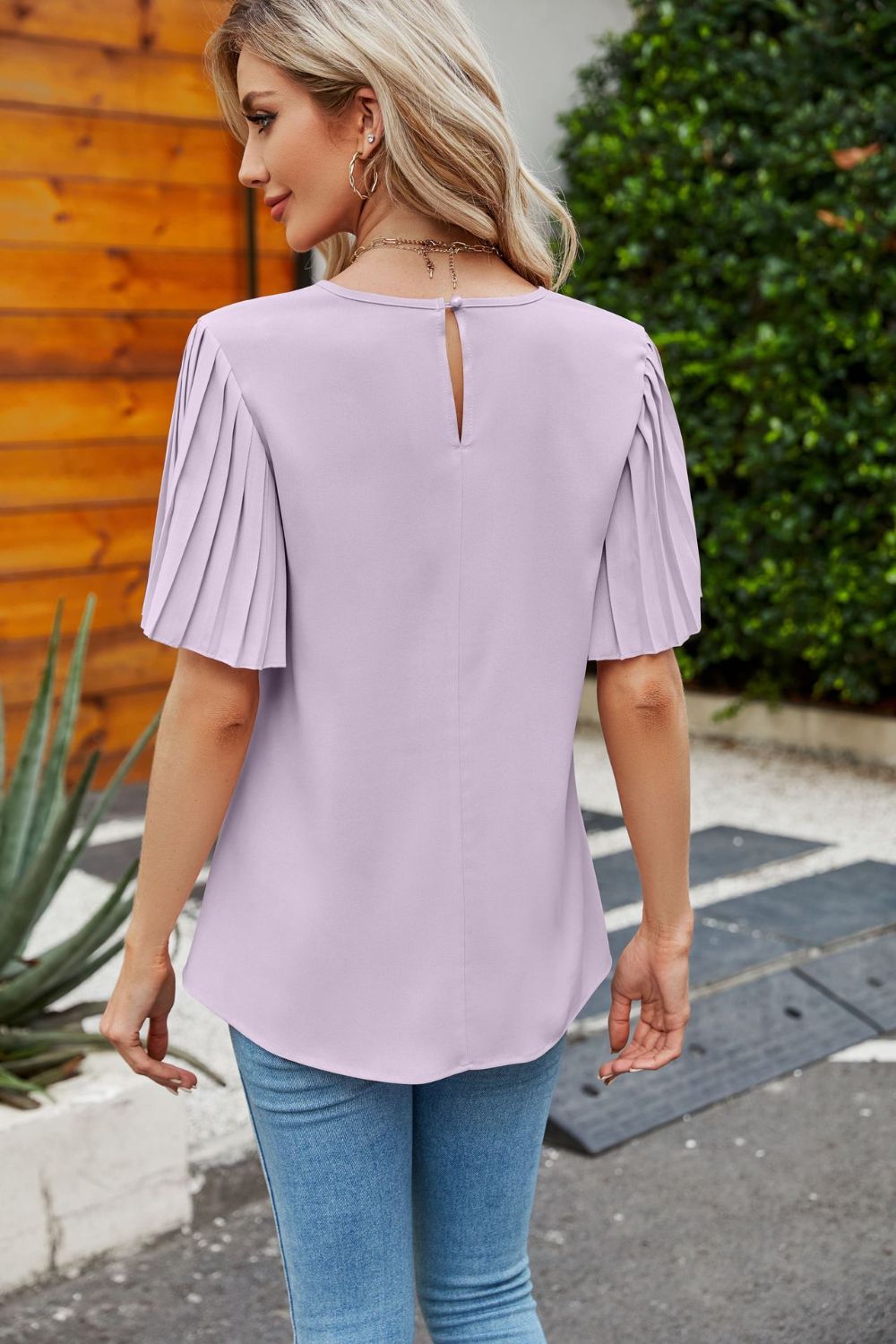 Pleated Flutter Sleeve Round Neck Blouse Fitggins