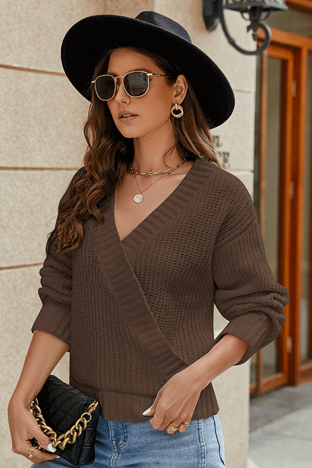 Surplice Neck Long Sleeve Sweater Fitggins