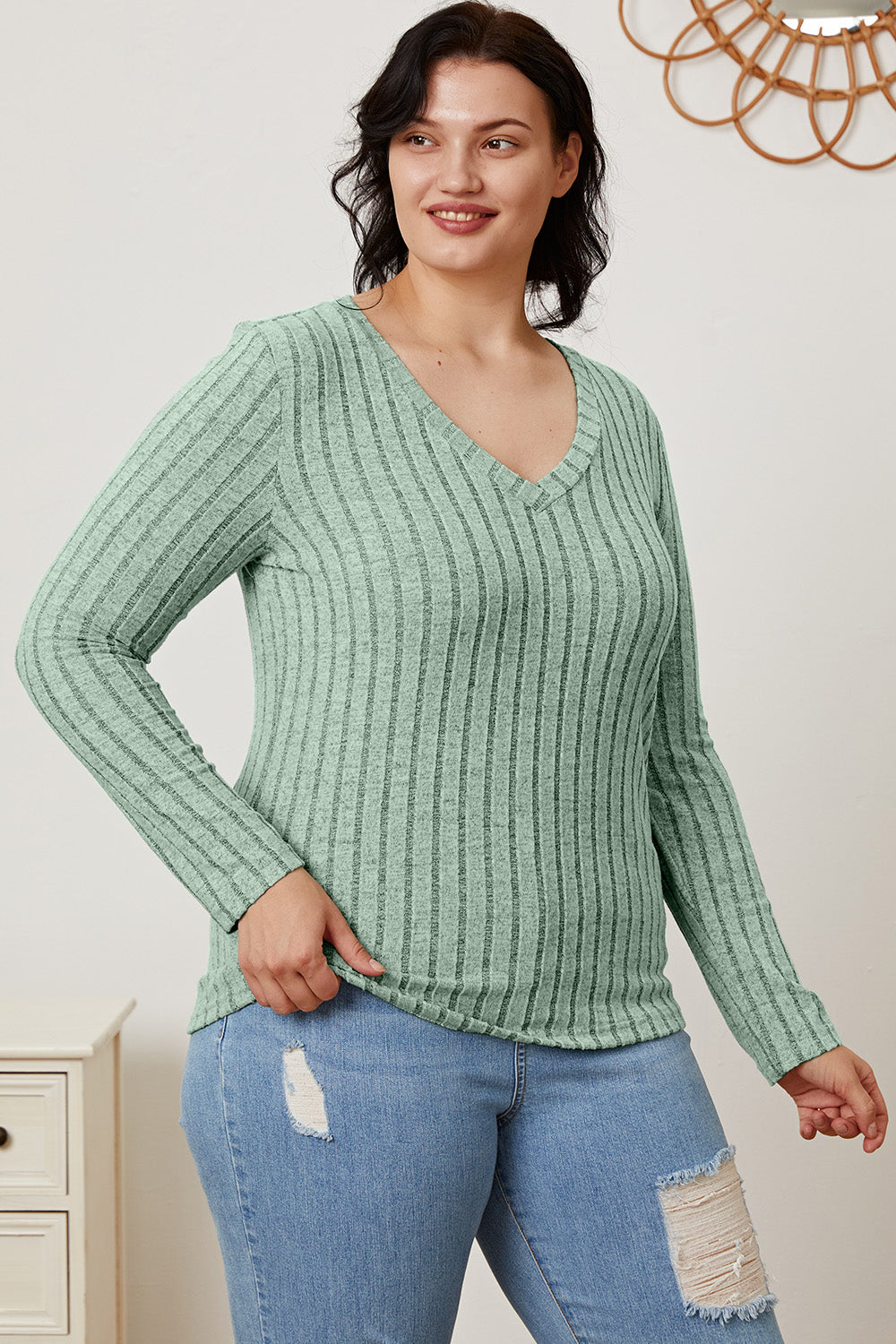 Basic Bae Full Size Ribbed V-Neck Long Sleeve T-Shirt - T-Shirts - FITGGINS