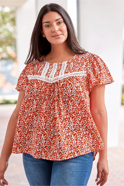 Plus Size Floral Lace Trim Round Neck Blouse - Blouses - FITGGINS