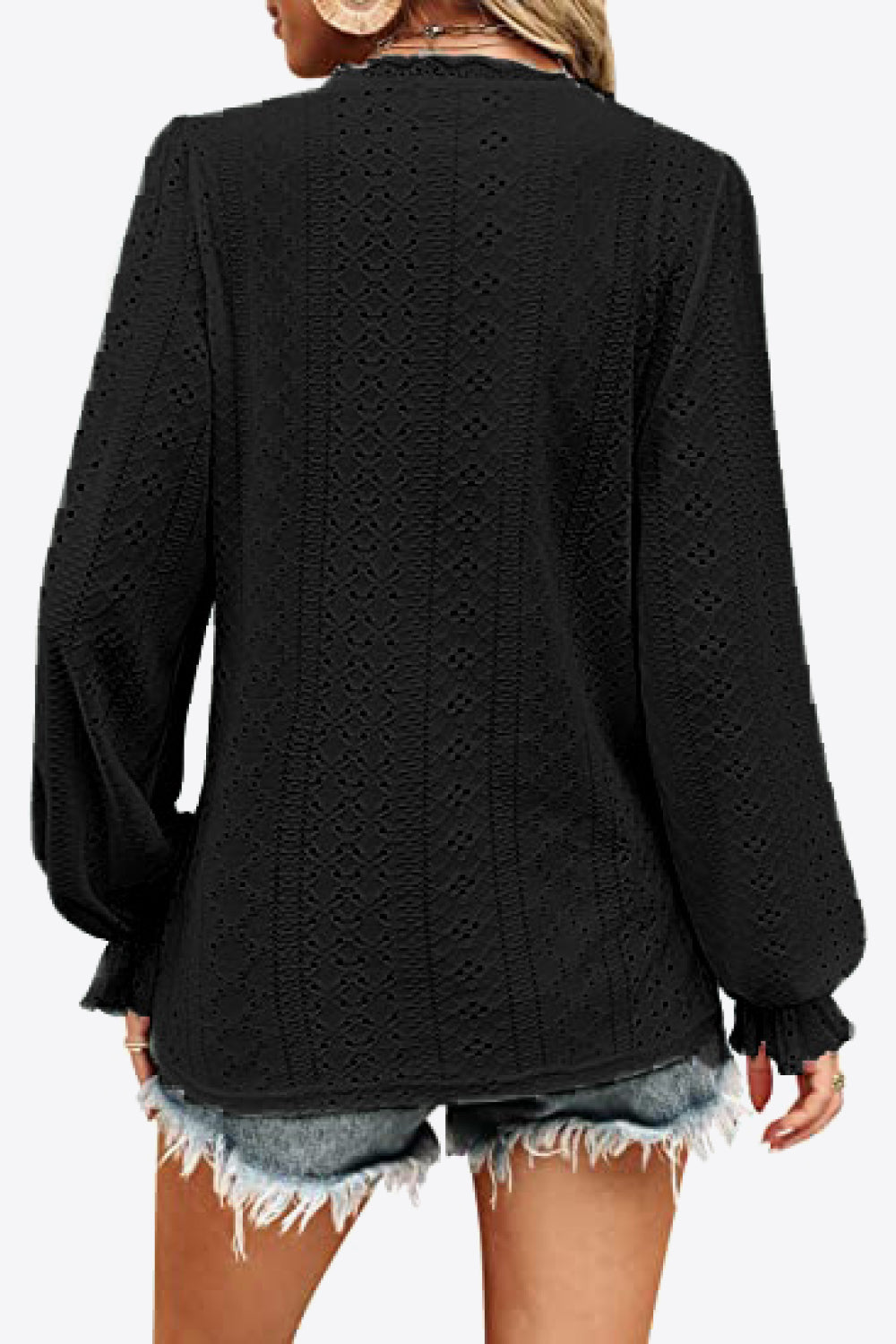 Eyelet V-Neck Flounce Sleeve Blouse Fitggins