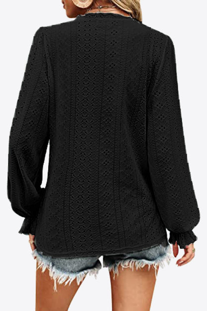 Eyelet V-Neck Flounce Sleeve Blouse Fitggins