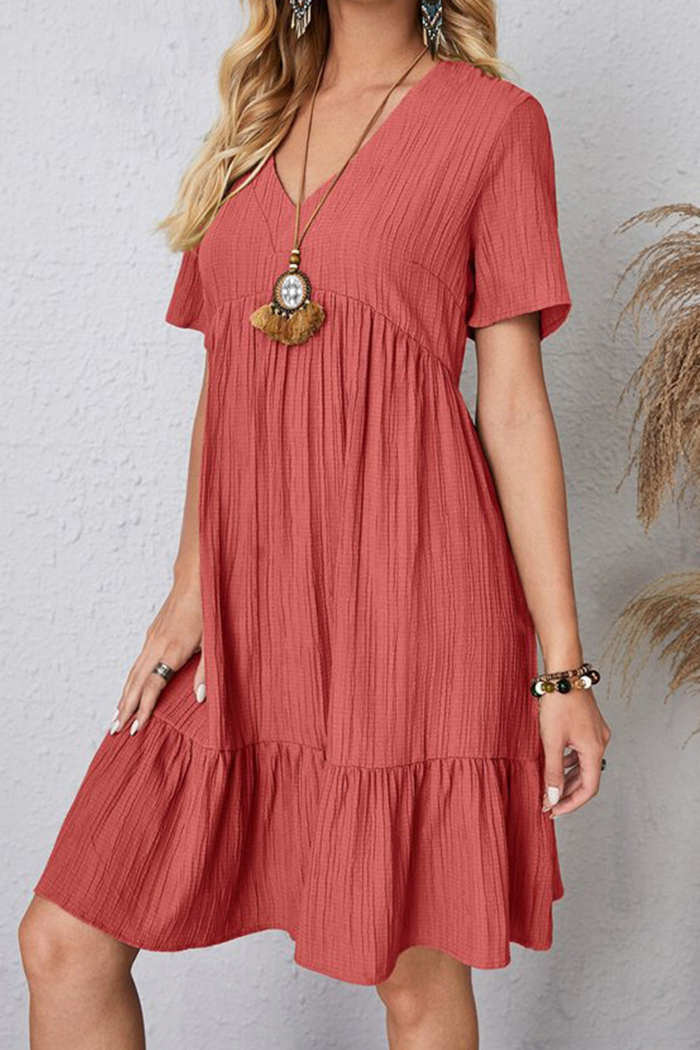 Full Size Ruched V-Neck Short Sleeve Dress - Casual & Maxi Dresses - FITGGINS