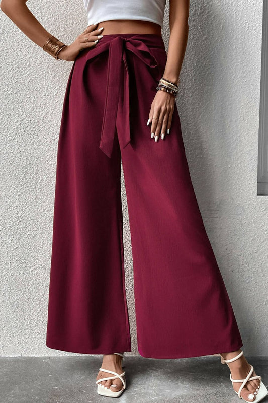 Perfee Tie Front Wide Leg Pants - Pants - FITGGINS