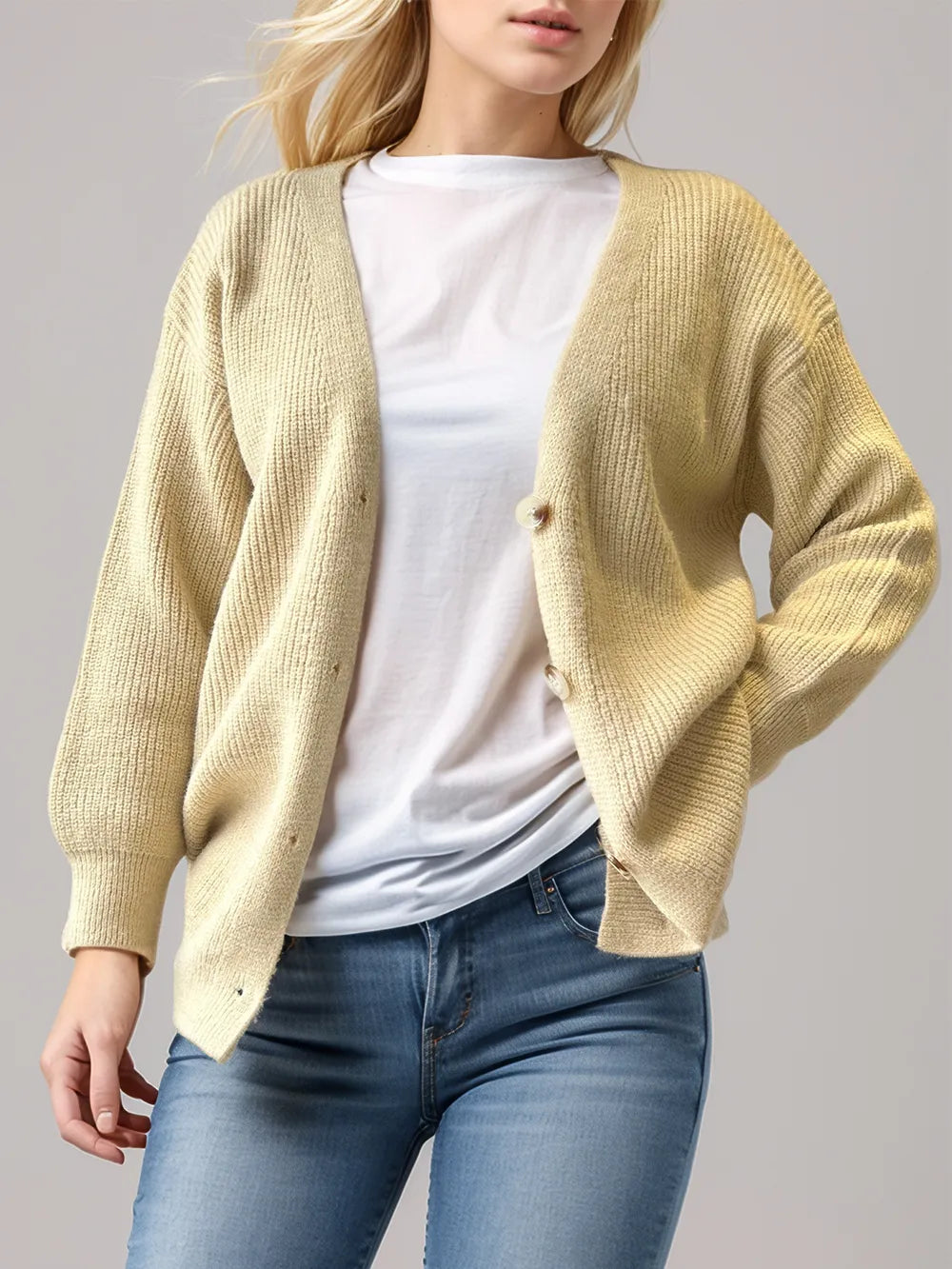 Button Down V-Neck Long Sleeve Cardigan Pastel Yellow Fitggins
