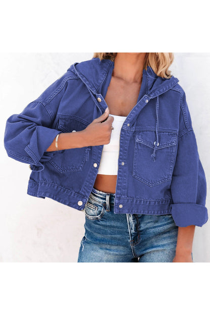 Hooded Dropped Shoulder Denim Jacket - Denim Jackets - FITGGINS