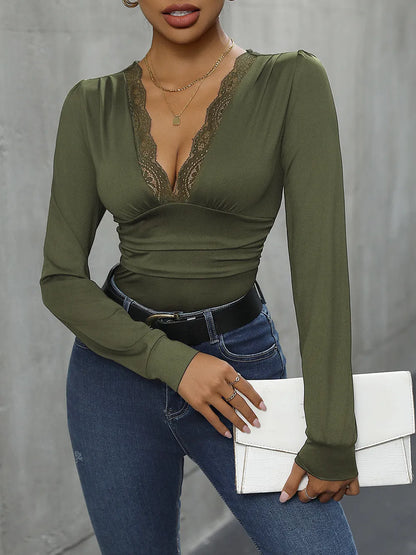 Perfee Lace Detail Plunge Long Sleeve Bodysuit Fitggins