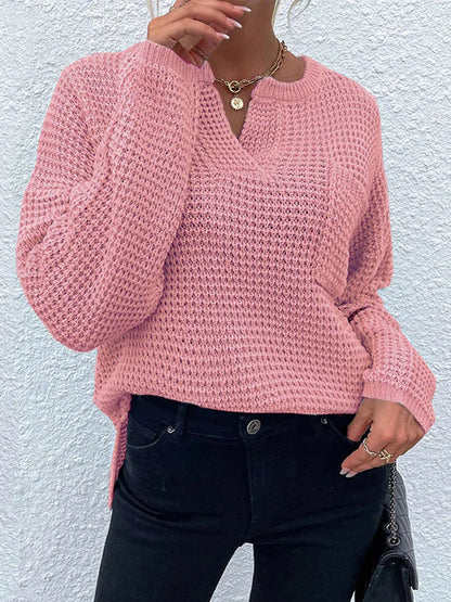 Notched Long Sleeve Sweater Dusty Pink Fitggins
