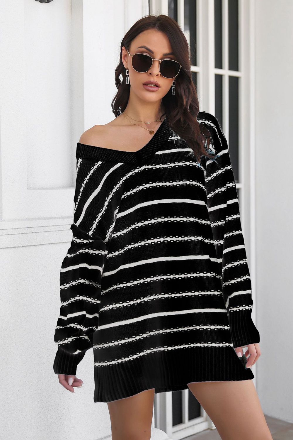 Striped V-Neck Sweater Dress - Sweater Dresses - FITGGINS