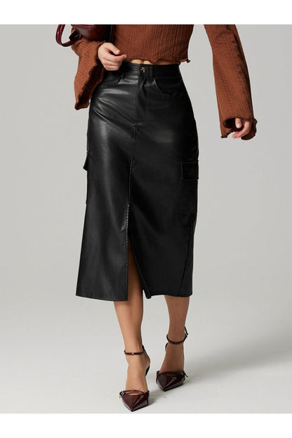 Slit Midi Skirt with Pockets - Shirts - FITGGINS