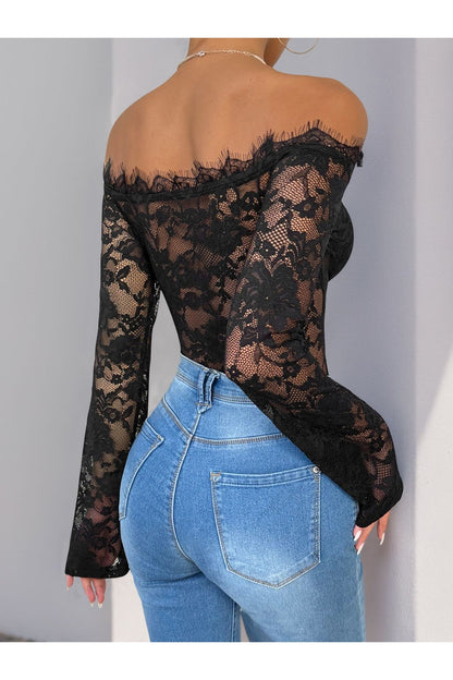 Perfee Lace Off-Shoulder Long Sleeve Bodysuit - Bodysuit - FITGGINS