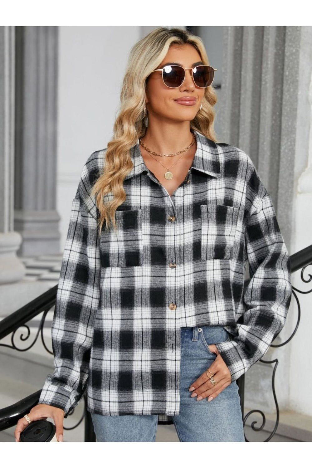 Plaid Collared Neck Long Sleeve Shirt - Shirts - FITGGINS